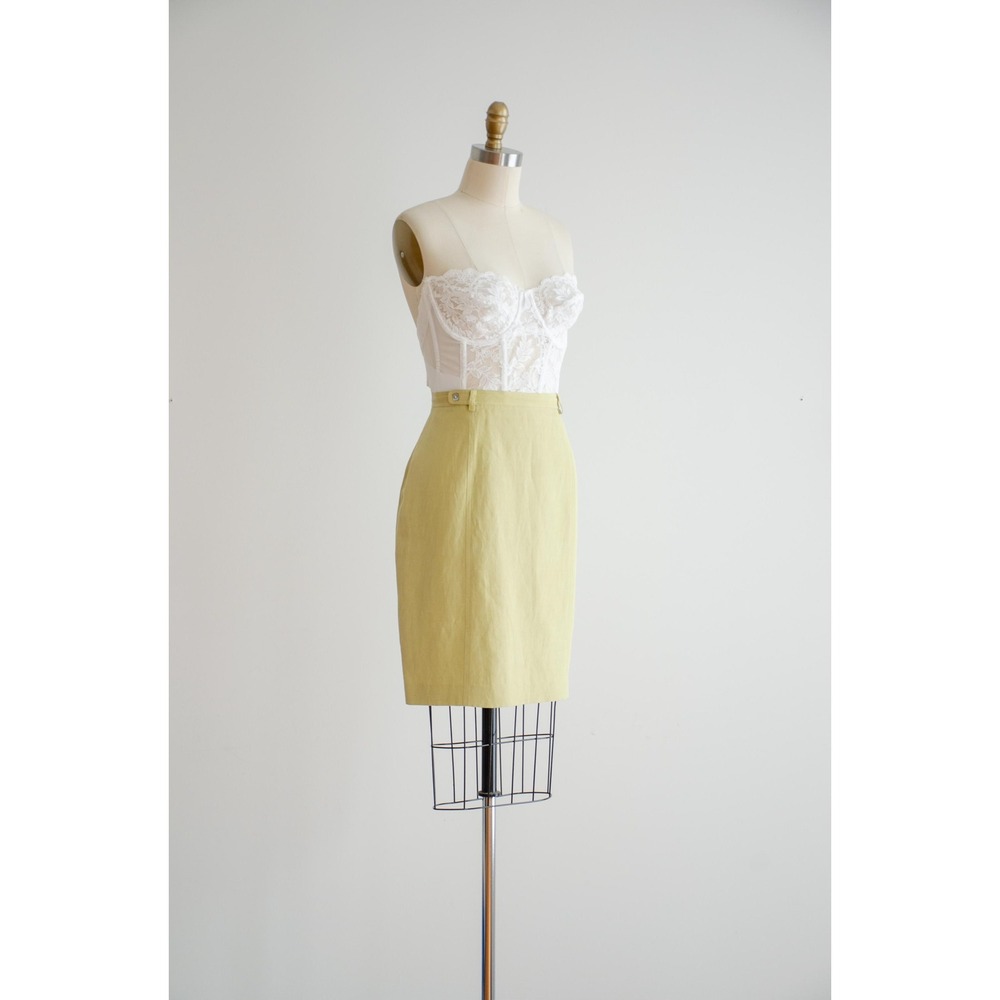 Ann Pinkerton Mini Skirt Vintage 90s Silk Linen M Green Chartreuse Pockets - Picture 3 of 5
